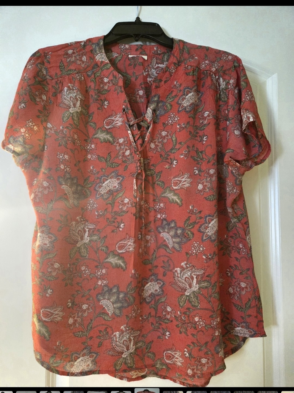 Bold Coral Lace-Up Short Sleeve Blouse